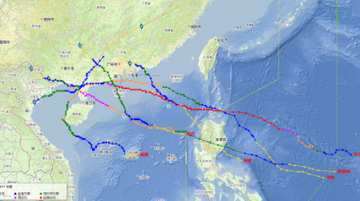 Map showing several typhoon tracks across East and Southeast Asia, with color-coded lines indicating each typhoon's path and place names labeled in Chinese.