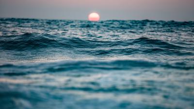 The sun sets over a calm ocean, with gentle waves in the foreground and a pinkish sky on the horizon.
