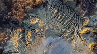 Aerial view of mud cracks and channels in a dry, barren landscape with some vegetation on the edges.