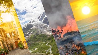 Four vertical panels show a sunny village, snowy mountains, a wildfire with smoke, and an ocean sunset, representing different climates and environments.