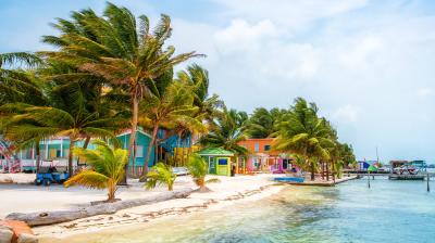 Colorful seaside houses and palm trees line a sandy beach next to clear turquoise water under a partly cloudy sky.