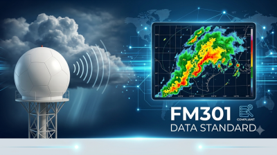 Weather radar on a tower transmits signals; nearby, a screen displays a color weather map with a large storm. Text reads "FM301 Compliant Data Standard.