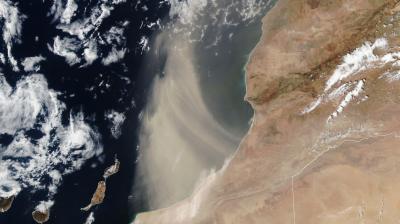 Satellite image of dust plume blowing from the Sahara Desert over the Atlantic Ocean, near the west coast of Africa and the Canary Islands.