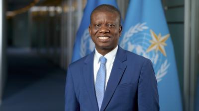 A man in a blue suit and tie stands smiling in front of two blue flags with a white emblem and yellow star.