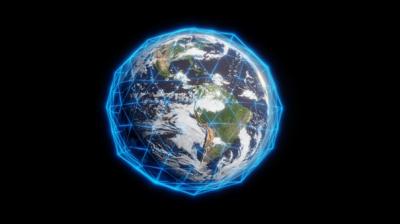 A digital rendering of Earth with a blue geometric network overlay, symbolizing global connectivity, on a black background.