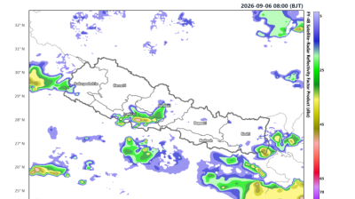 Map of Nepal showing radar reflectivity data from the FY-4B satellite on 2026-09-06, with colored regions indicating varying precipitation intensities.
