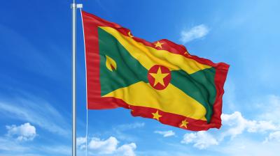 The national flag of Grenada flying on a flagpole against a blue sky.