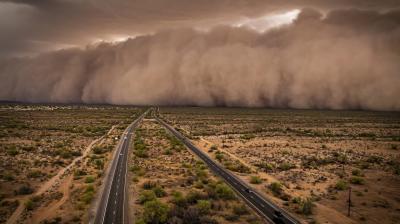 A massive dust storm approaching a highway running through a desert landscape.