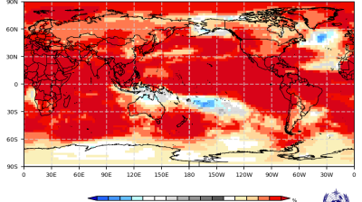 World map showing a probabilistic multi-model ensemble forecast for surface temperatures in July, August, and September 2026, indicating warmer than normal temperatures across most of the globe.