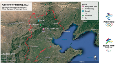 Figure 1. Locations of the three sporting zones and the solid red line indicates the Beijing–Tianjin–Hebei (BTH) boundary (figure created with Google Earth Pro)