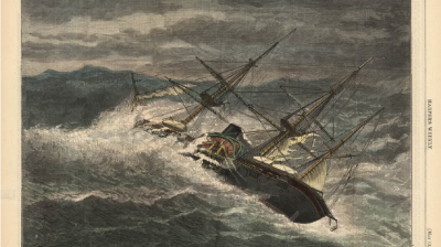 The United States Steamer “Powhatan” in a cyclone of Hatteras – From a sketch by G.T. Douglass, U.S.N. – [See Page 374.] in Harper’s Weekly, May 12, 1877.
