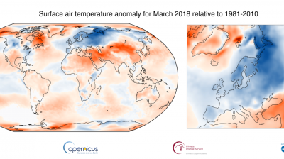 Surface air temperature anomaly for March 2018
