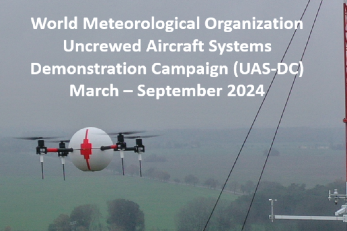 A drone with a white body and red cross flies near a communication tower over a green landscape, with campaign details text overlayed.