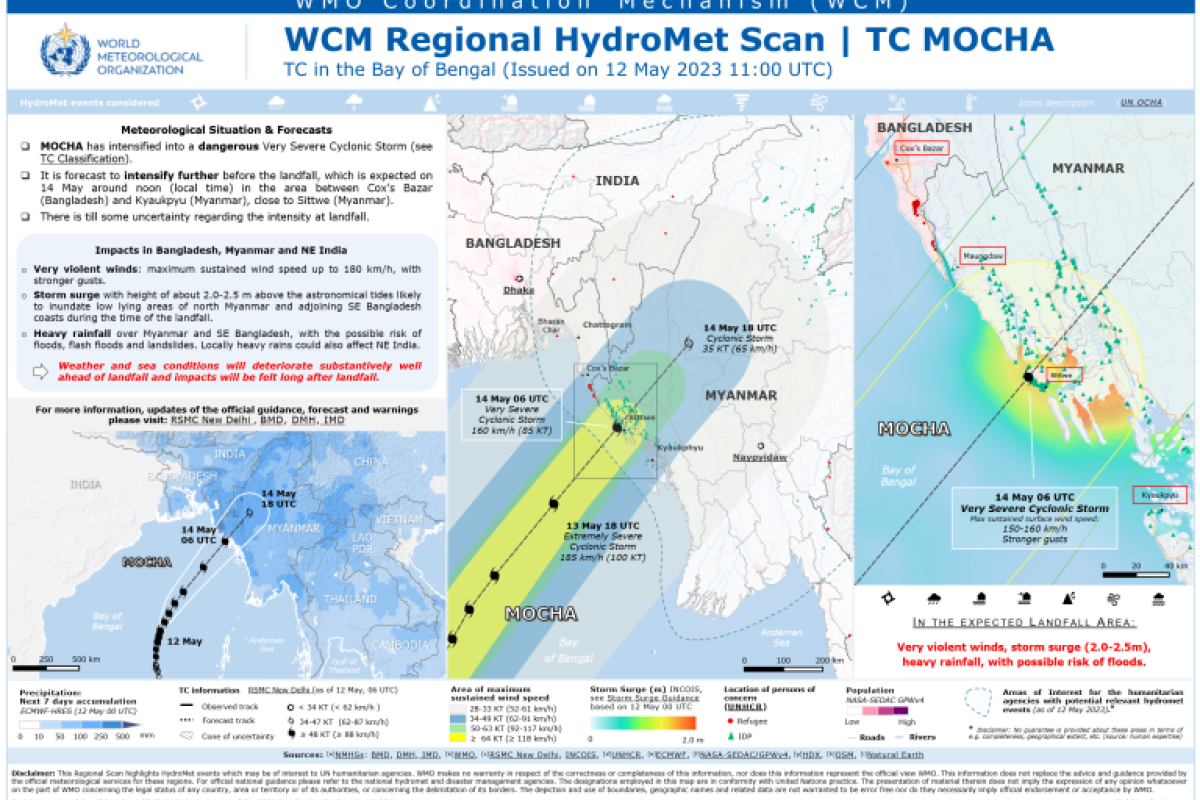 Weather map showing Cyclone Mocha's projected path across the Bay of Bengal towards Bangladesh and Myanmar, with warnings, impact zones, and color-coded wind speed areas.