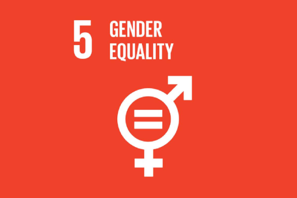 White icon combining male and female gender symbols with an equal sign inside, next to the text "5 Gender Equality" on a red background.