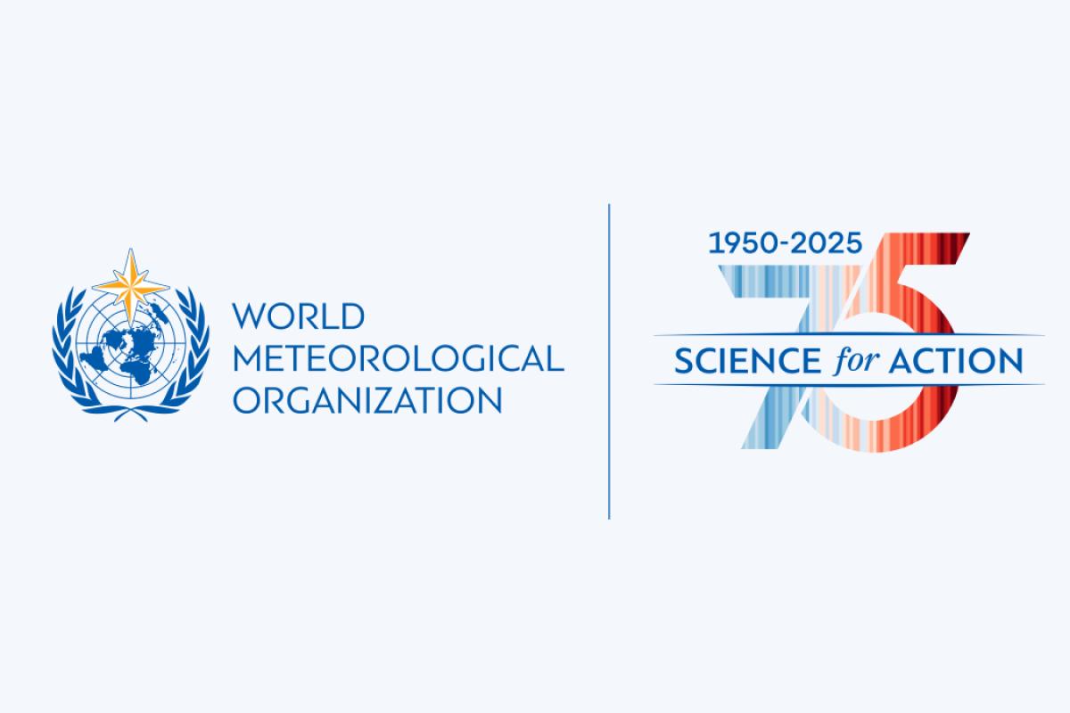 Logo of the World Meteorological Organization next to a graphic marking its 75th anniversary, reading "1950-2025 Science for Action 75.