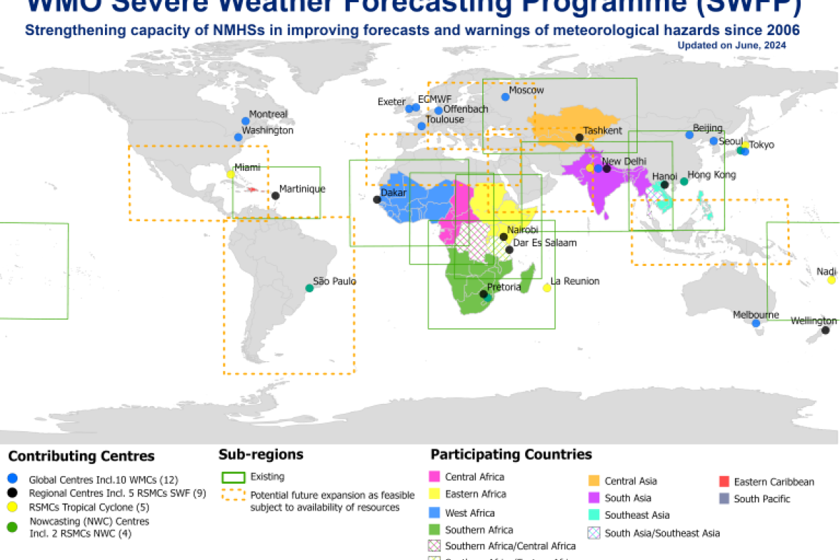 A world map showing WMO Severe Weather Forecasting Programme regions, with colored sub-regions, contributing centers, and participating countries as of June 2024.