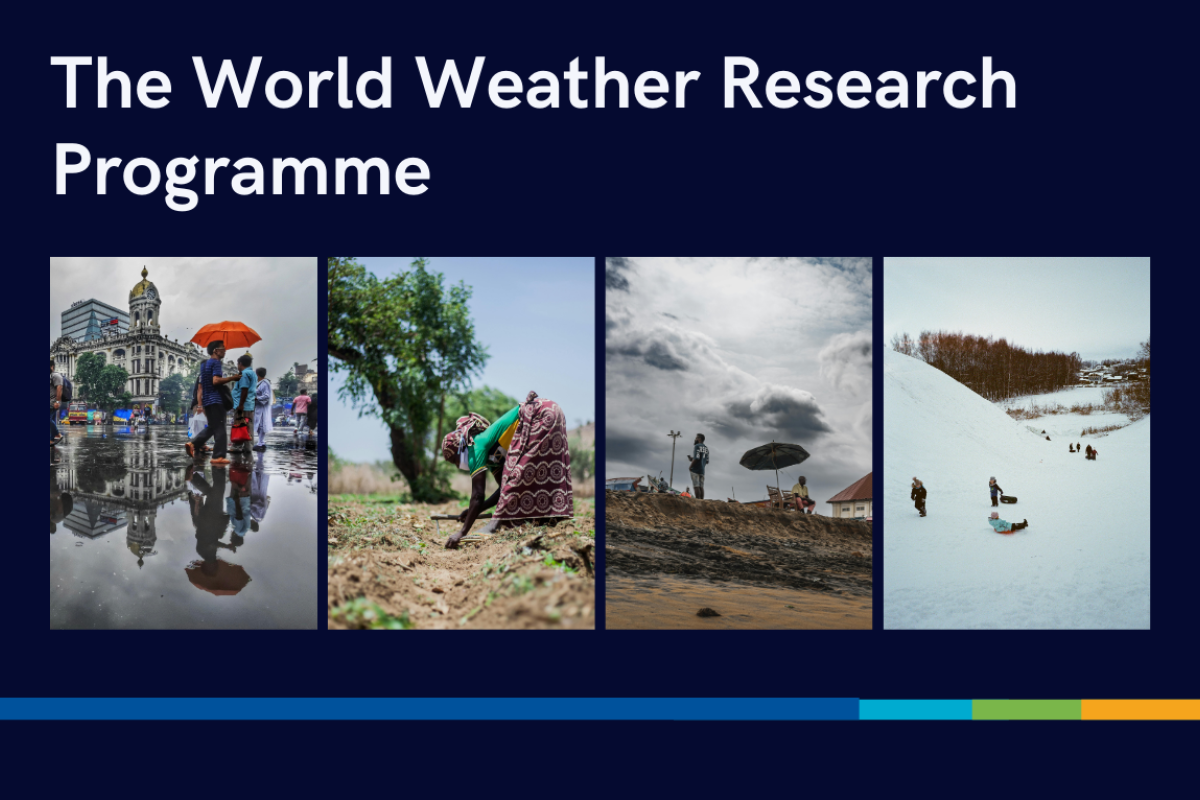 A banner reads "The World Weather Research Programme" above four photos depicting rain, farming, wind, and snow activities.