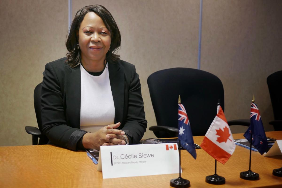 A woman in a black blazer sits at a conference table with small Canadian, Australian, and New Zealand flags and a nameplate reading "Dr. Cécile Siewe.
