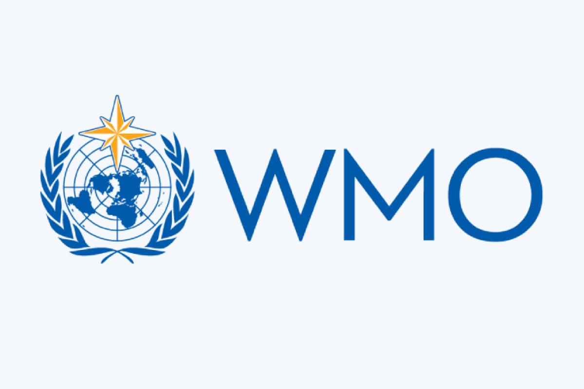The WMO logo with a globe, laurel branches, and a star on the left, and the letters "WMO" in blue on the right, on a light background.