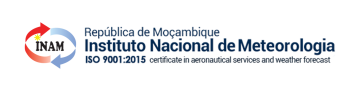 Logo of the República de Mozambique's Instituto Nacional de Meteorologia with certificate information ISO 9001:2015.
