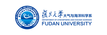 Fudan University Department of Atmospheric and Oceanic Sciences logo with circular wave and cloud graphic, Chinese and English text.