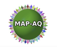 A green circle with "MAP-AQ" text in the center, surrounded by colorful human figures forming a ring around the edge.