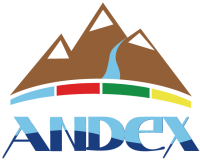 A stylized brown mountain with snow caps and a blue river, above red, green, and yellow bars, with the word "ANDEX" in blue text below.