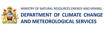 Logo and heading for the Ministry of Natural Resources Energy and Mining, Department of Climate Change and Meteorological Services, with a coat of arms on the left.