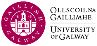 University of Galway logo featuring a circular emblem with a building and the year 1845, alongside the university's name in Irish and English.