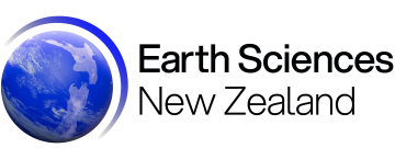 Logo with a blue and white globe on the left and the words "Earth Sciences New Zealand" in black text on the right.