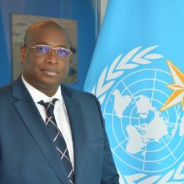 A person in a suit and tie stands next to a blue flag with a world map and star emblem in an office setting.