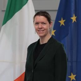 A person stands between the Irish and European Union flags, wearing a dark suit.
