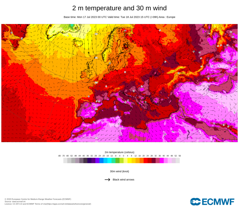 a map showing the temperature and wind in europe.