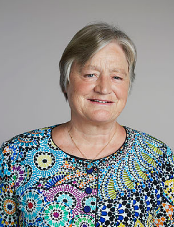 An older woman is smiling for the camera.