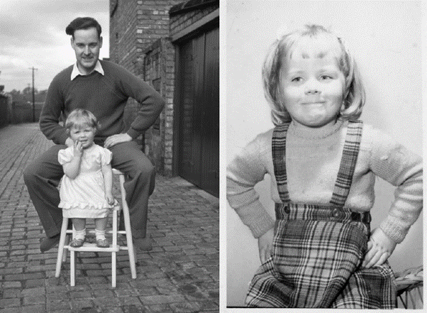 Black-and-white photo shows a man posed with a small child standing on a step stool, and another image of the same child posing with hands on hips, wearing a plaid dress and sweater.