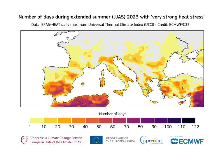 Map showing the number of days with 'very strong heat stress' during summer 2023 in eurasia, with varying colors indicating frequency from 1 to 122 days.