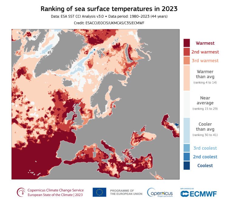 Map showing the ranking of sea surface temperatures in europe from 1980-2023, with colors indicating temperature ranges from coolest to warmest.