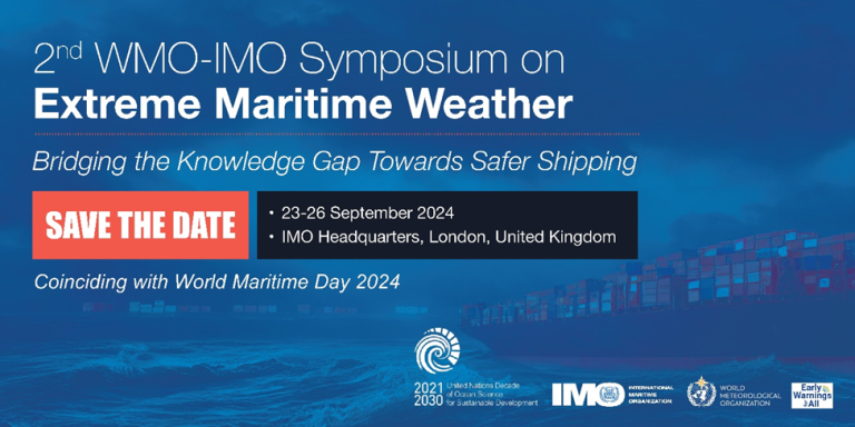 Promotional banner for the 2nd wmo-imo symposium on extreme maritime weather, set for 23-26 september 2024 at imo headquarters, london, noting the event coincides with world maritime day 2024.
