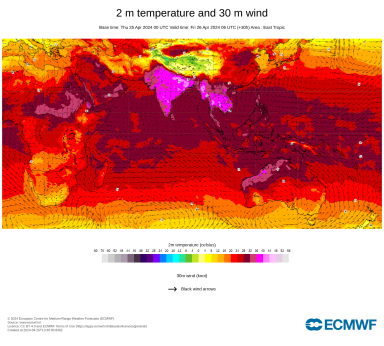 A weather map of purple and red, showing heat