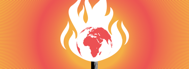 Illustration of a globe on fire, depicting Earth with red continents. The background has a radiating pattern of red and orange lines, indicating high heat or intensity.