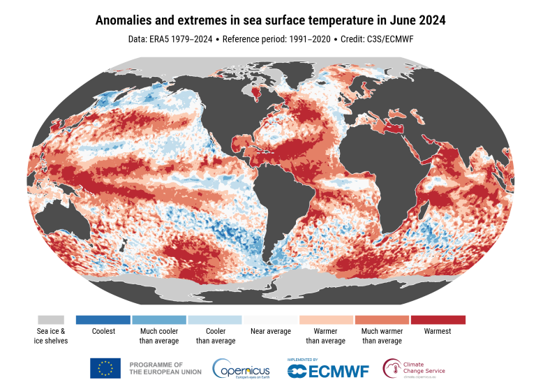 A global map showing sea surface temperature anomalies in June 2024. Color-coded from coolest (dark blue) to warmest (dark red), with warmer than average areas dominating. Data from ERA5 1979-2024.