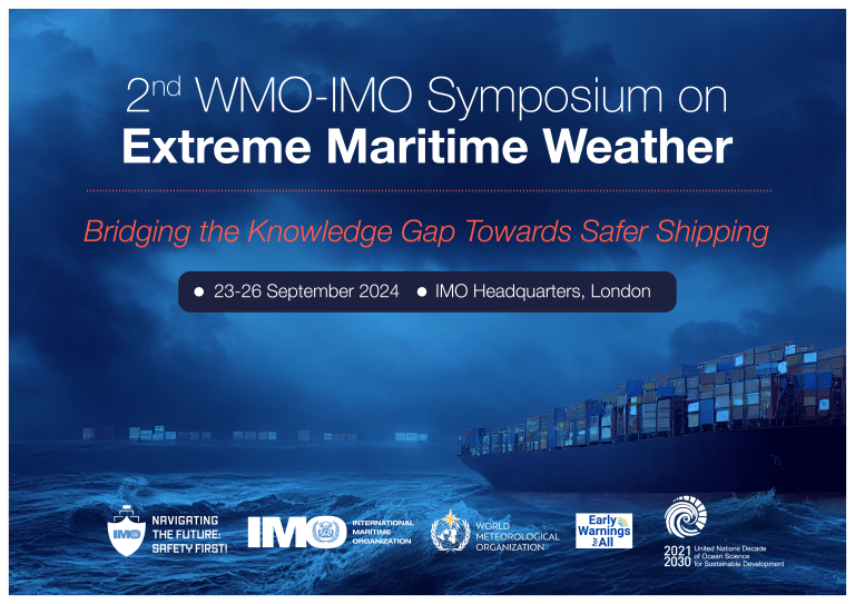 Banner for the 2nd WMO-IMO Symposium on Extreme Maritime Weather, scheduled for 23-26 September 2024 at IMO Headquarters, London. The event focuses on bridging the knowledge gap towards safer shipping.