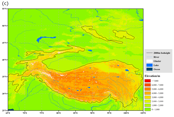 Topographic map displaying elevation and waterways in a region, with a color gradient from green to red indicating elevation levels from low to high. Includes key for rivers, glaciers, lakes, and oceans.