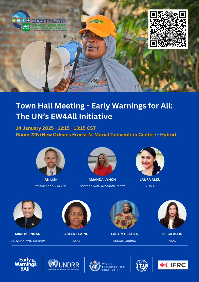 Event poster for a Town Hall Meeting on the UN's "Early Warnings for All" initiative, featuring speaker photos and details of the event on 14 January 2025.