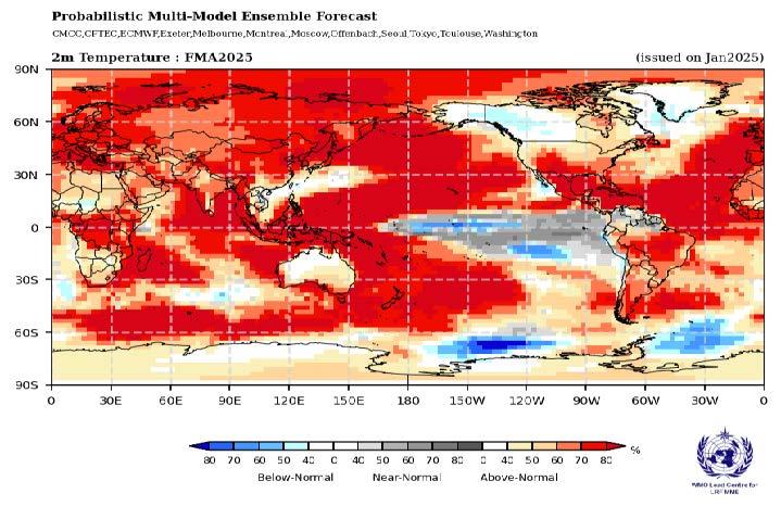 World map showing temperature forecasts for Feb-Apr 2025. Red areas indicate above-normal temperatures, blue areas indicate below-normal. Data from multiple climate models.