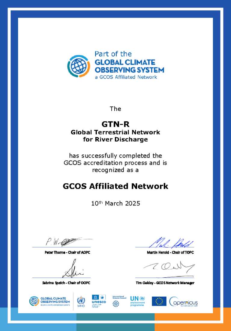 Certificate of completion for the Global Terrestrial Network for River Discharge, recognizing the program as a GCOS Affiliated Network, dated 10th March 2025.