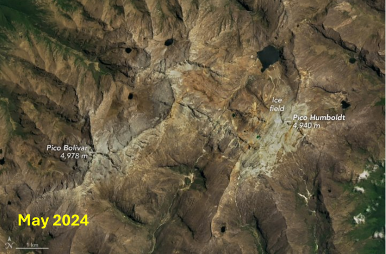 Satellite view of Pico Bolívar and Pico Humboldt in Venezuela, marked with elevations; "May 2024" printed in yellow. Visible ice fields and rugged terrain.