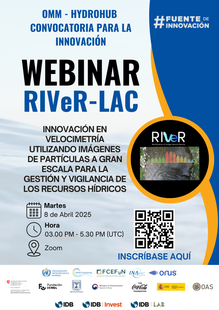 Promotional poster for the webinar RIVeR-LAC, focusing on particle imagery for water resource management, scheduled for April 8, 2025, from 3:00 PM to 5:30 PM (UTC) via Zoom.