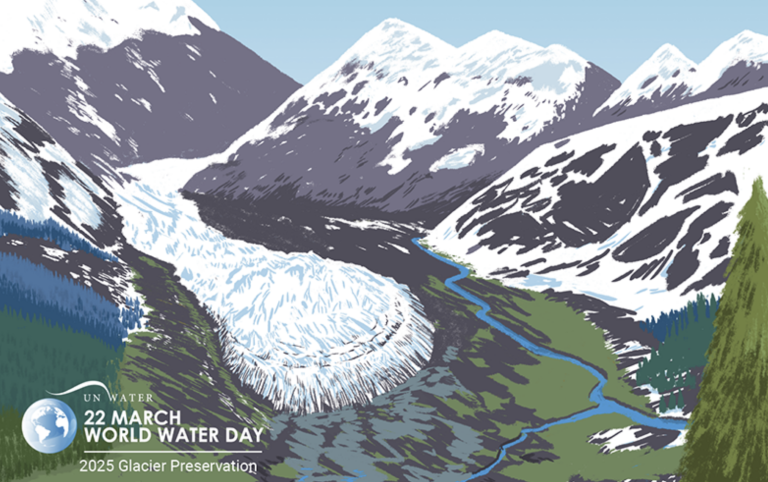 Illustration of a glacier flowing through a snowy mountain landscape with a river. Text in corner reads "22 March World Water Day 2025 Glacier Preservation.